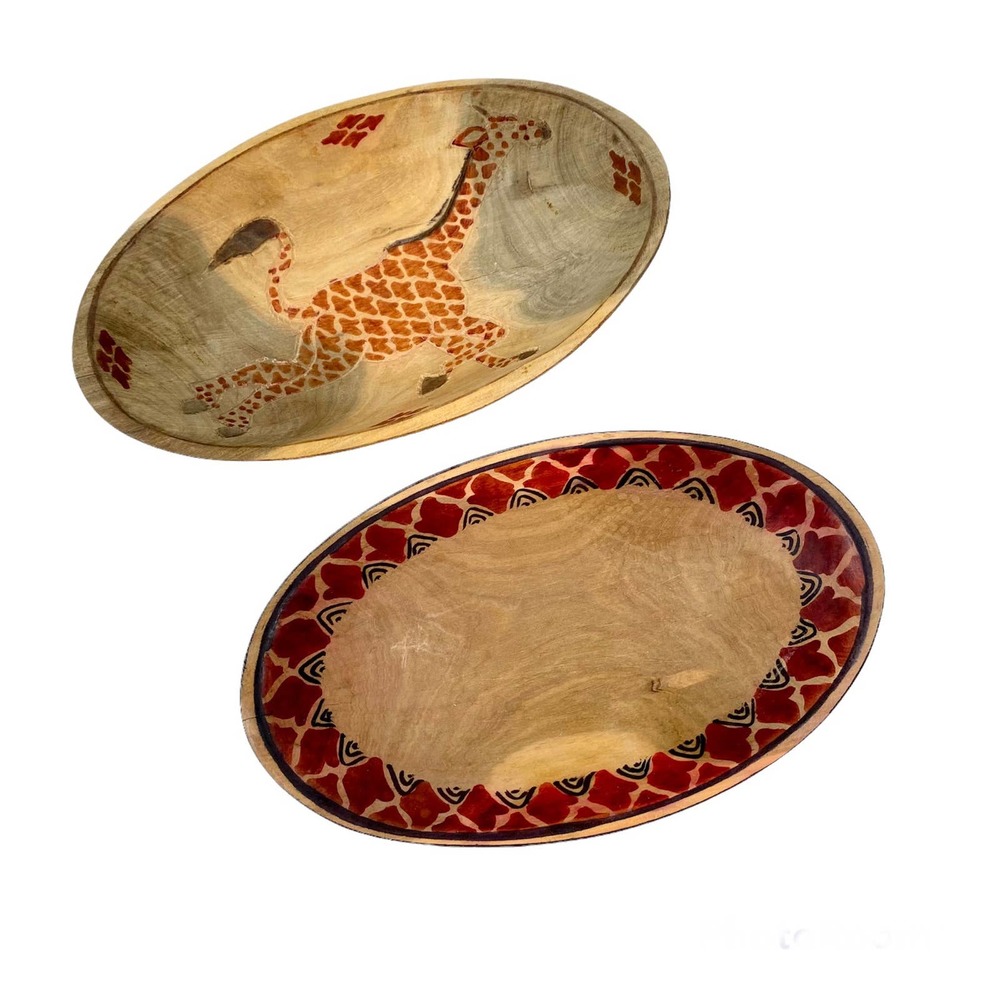African Handcarved/Handpainted Wooden Oval Bowls (Set of 2) Giraffe/Ethnic